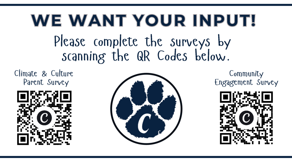 Poster with blue paw print, "C" logo, and two QR codes for surveys on climate and culture and community engagement.