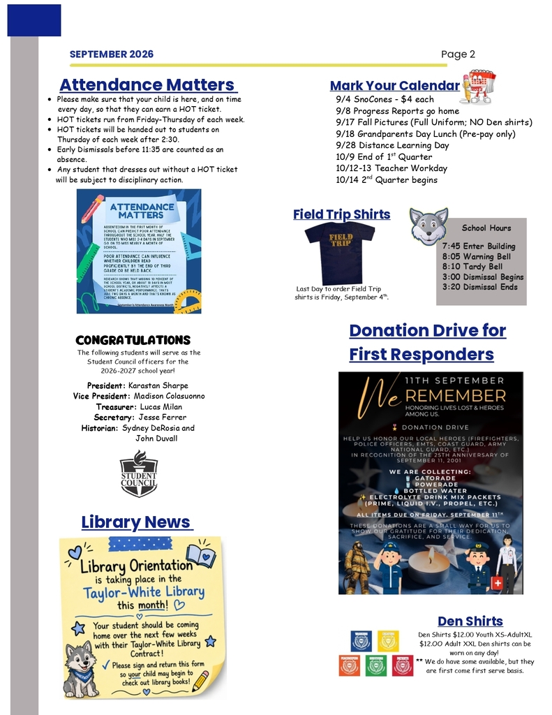 A page from a document contains various announcements, including attendance matters, library news, and a donation drive for first responders.