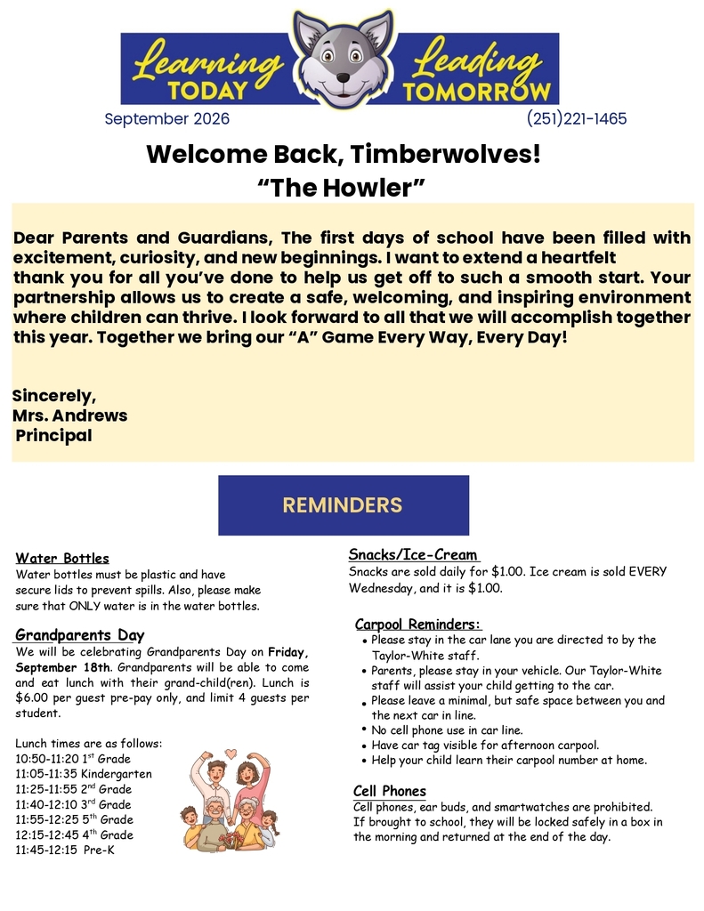 An educational flyer features a heading "Learning Today, Leading Tomorrow." It lists reminders about school events, including Grandparents Day and water bottles.