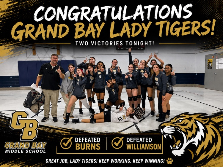 🏐 TWO WINS TONIGHT! 🏐  What a night for the Grand Bay Lady Tigers! 🐯💪 They picked up victories over Burns and Williamson tonight!  Proud of the girls and the way they competed! 🖤💛 Great job, Lady Tigers!