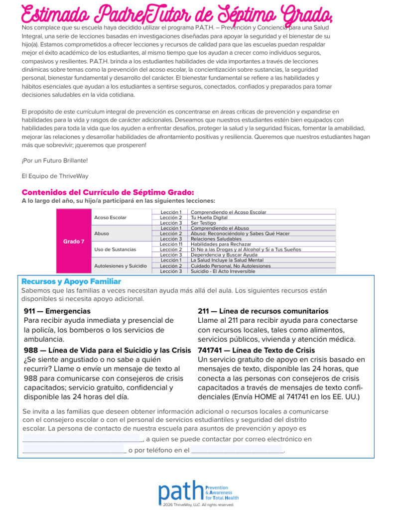 7th Grade PATH Letter (Spanish)