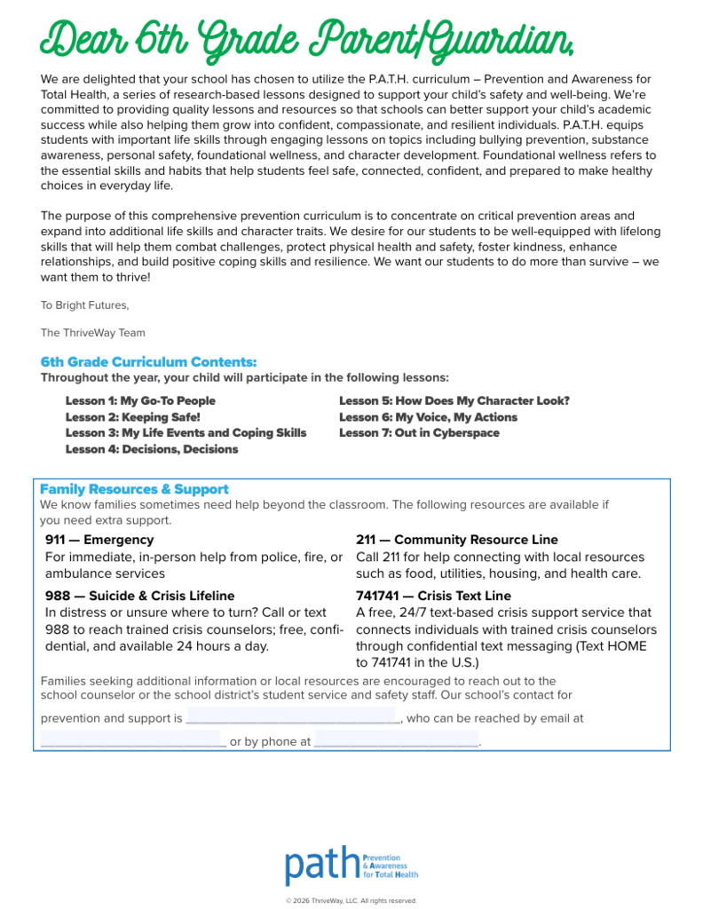 6th Grade PATH Parent Letter (English)