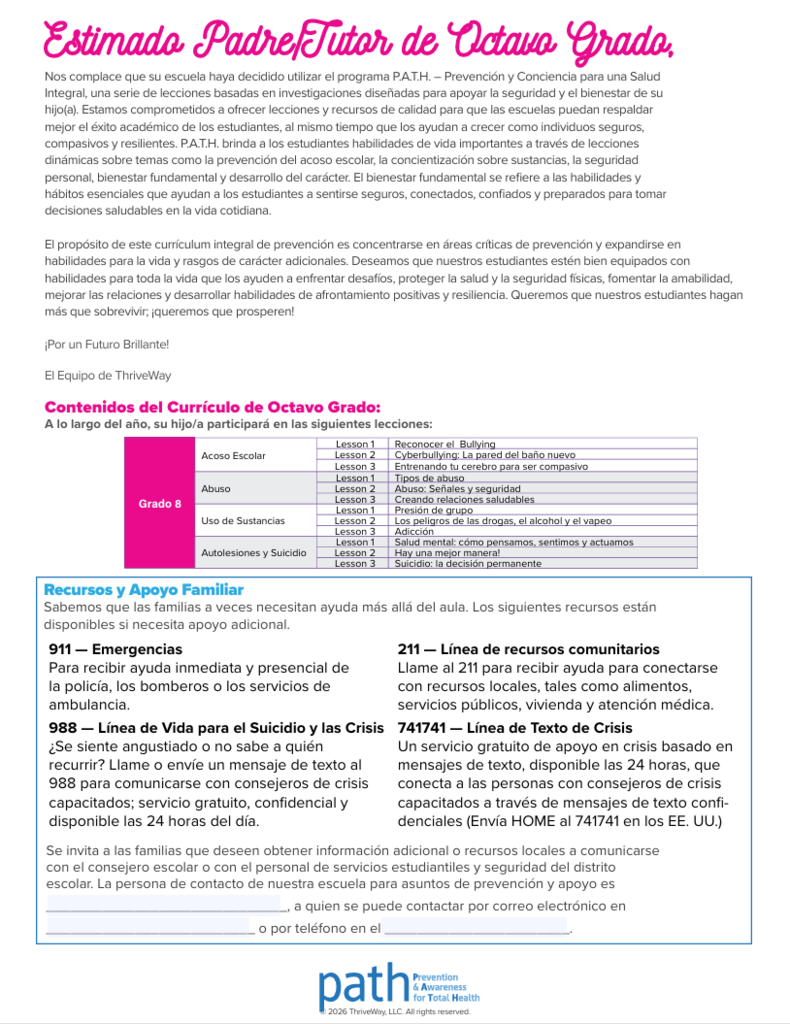 8th Grade PATH Letter (Spanish)