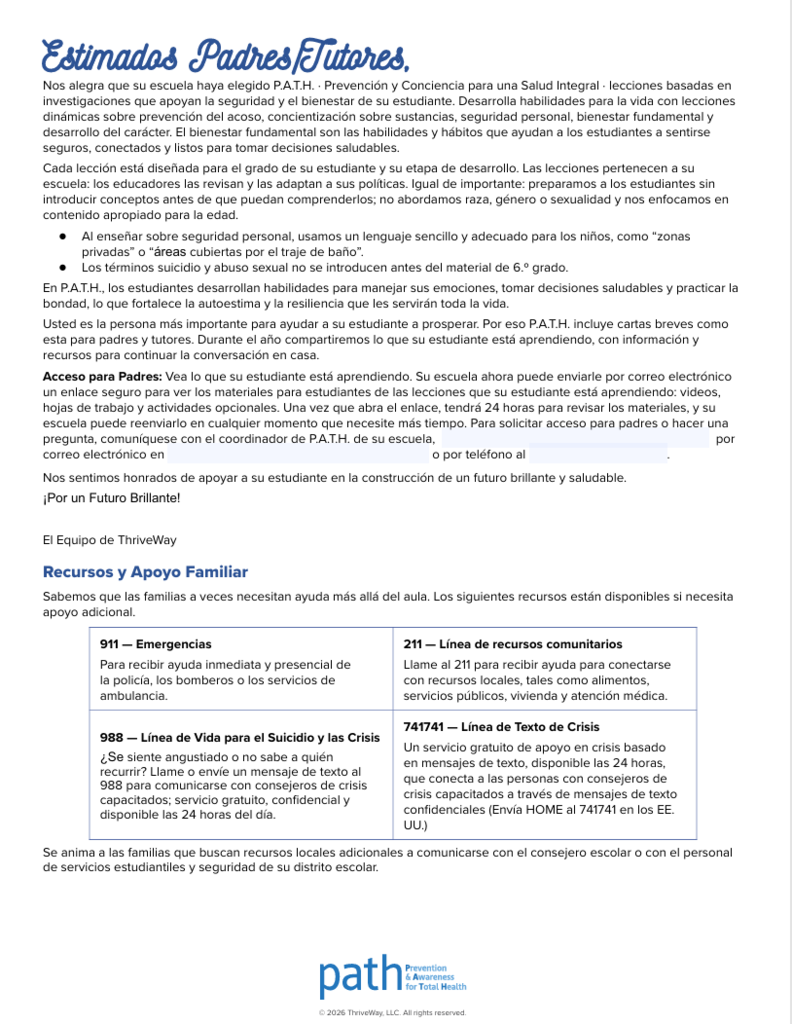 6th Grade PATH Parent Letter (Spanish)