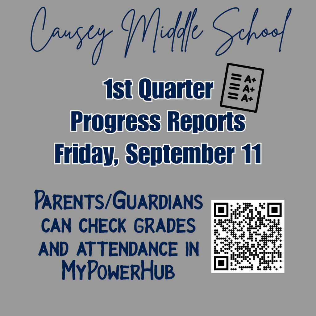 Poster with text about first-quarter progress reports. Includes a QR code. Background is gray.