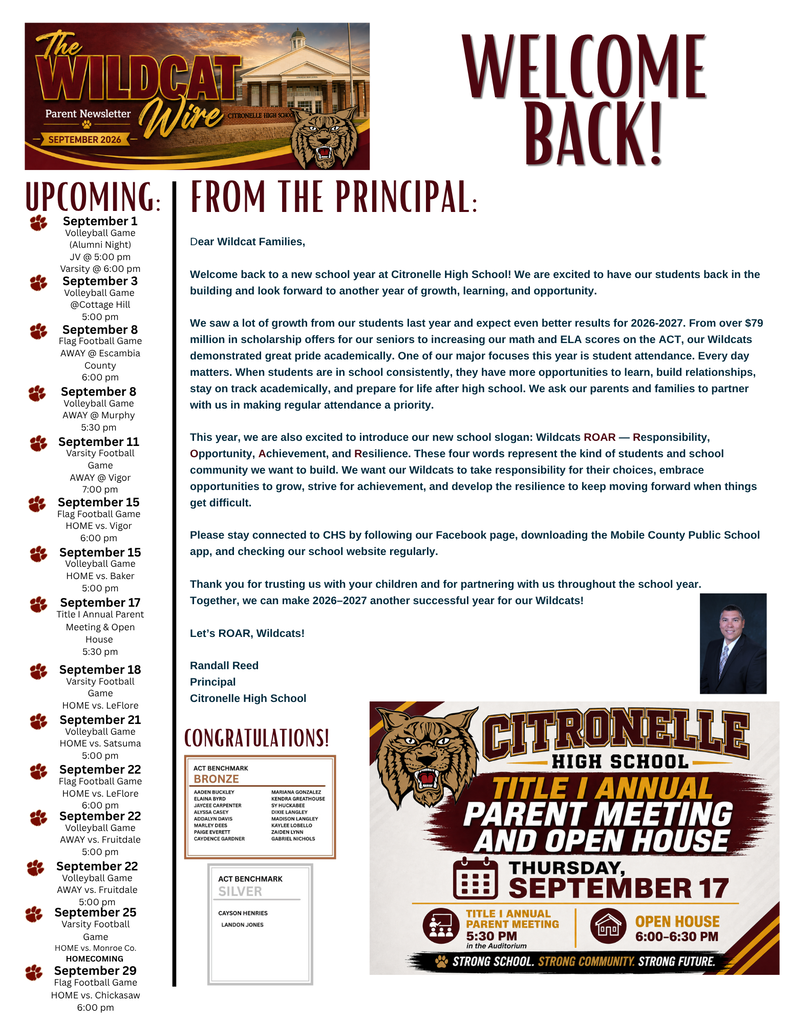 CHS Wildcat Wire Parent Newsletter Sep. 2026 pg 1
