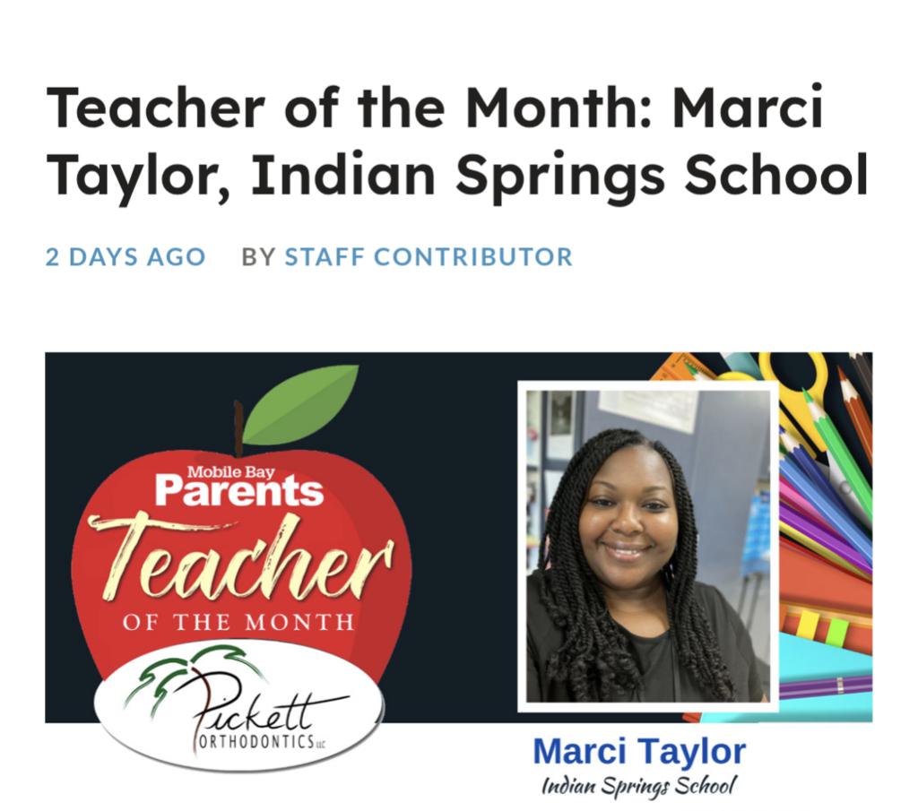Marci Taylor: Mobile Bay Parents Magazine Teacher of the month for September.