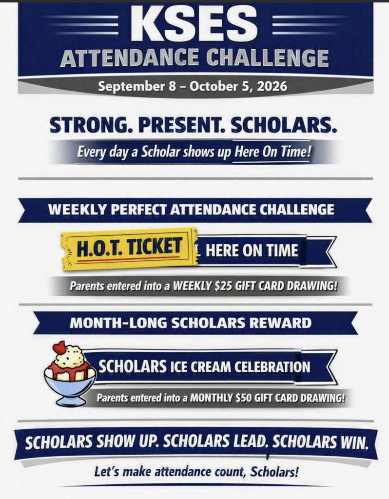 Blue and white poster promoting the KSES Attendance Challenge from September 8 to October 5, 2026.