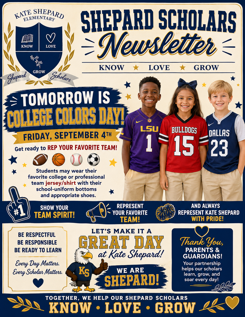 An ad featuring three kids in school jerseys. Text reads "Shepard Scholars Newsletter," "College Colors Day," and "Friday, September 4th."