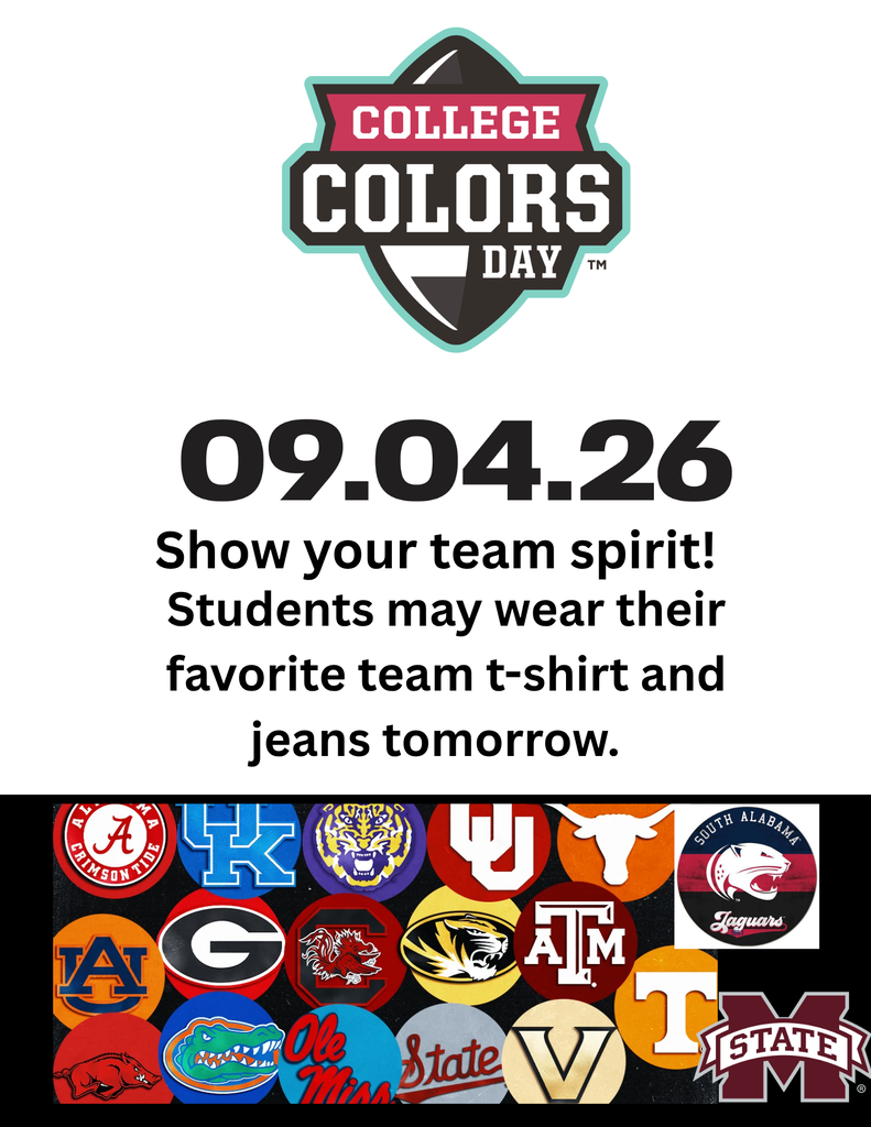 College Colors Day 2026 - Students may wear their favorite team shirt and jeans tomorrow.