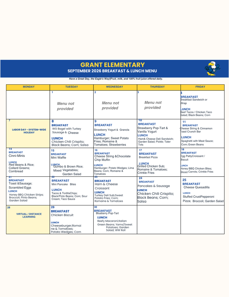 September Breakfast and Lunch Menu