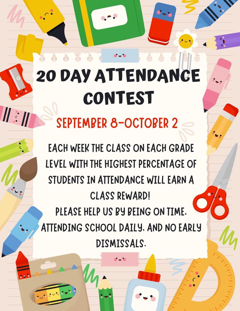 An announcement poster with a white border displays a contest. School supplies and a calendar are scattered around the poster.