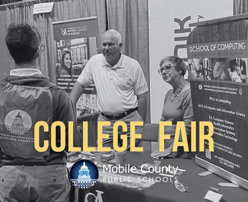 Graphic for the MCPSS College Fair, with two educators talking with a student