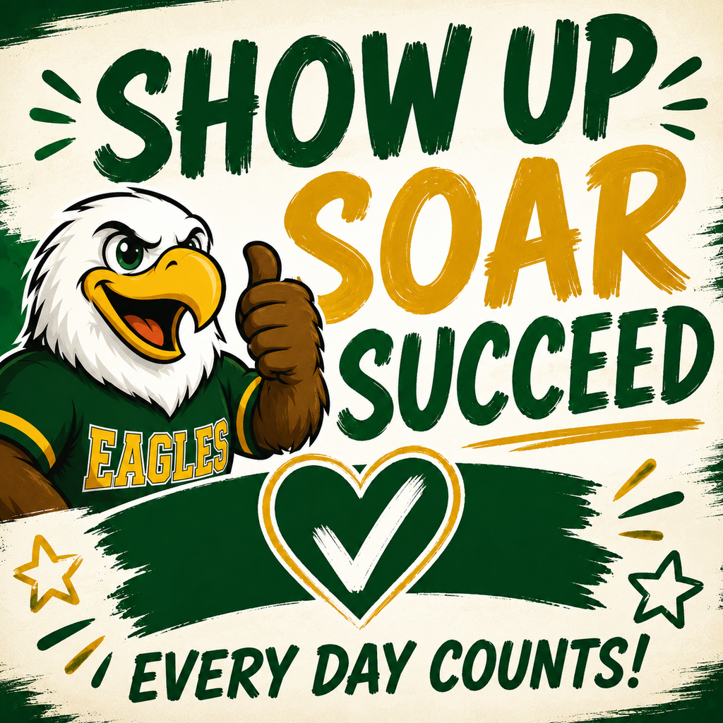 Graphic with an eagle wearing a green shirt, giving a thumbs up, and a heart with a check mark.