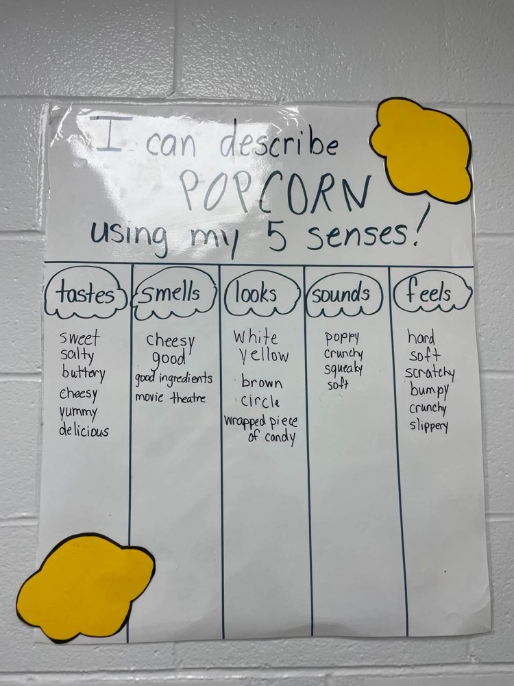 a chart of describing words of popcorn using the 5 senses with yellow popcorn images 
