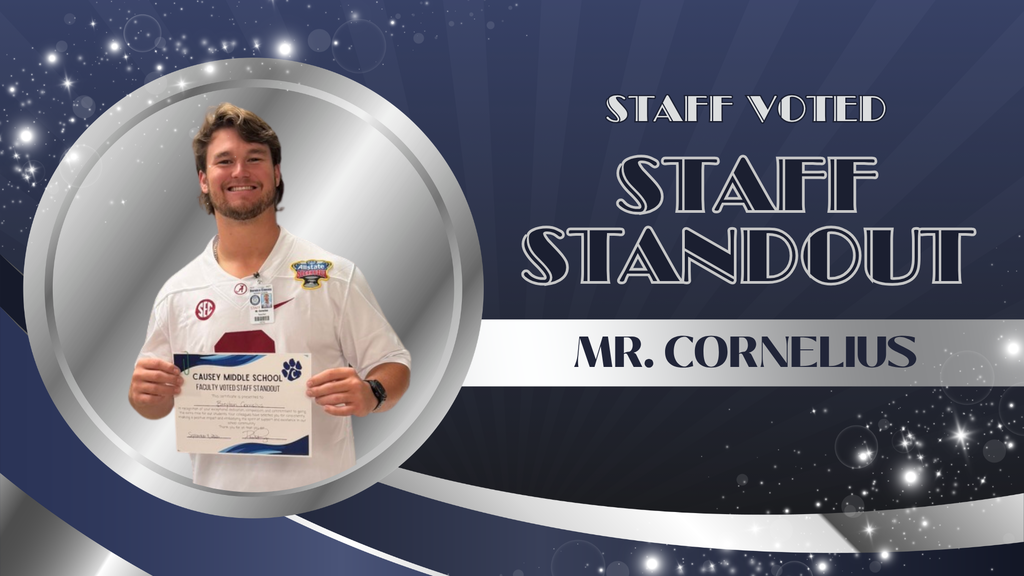 A man in white holds a certificate, "Staff Standout Mr. Cornelius" written above him on a blue background.