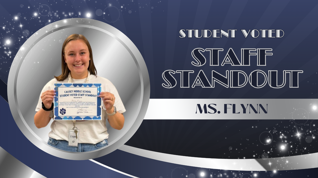 A person holding a certificate, "Student Voted Staff Standout", and "Ms. Flynn" text. The background is blue and black with stars.