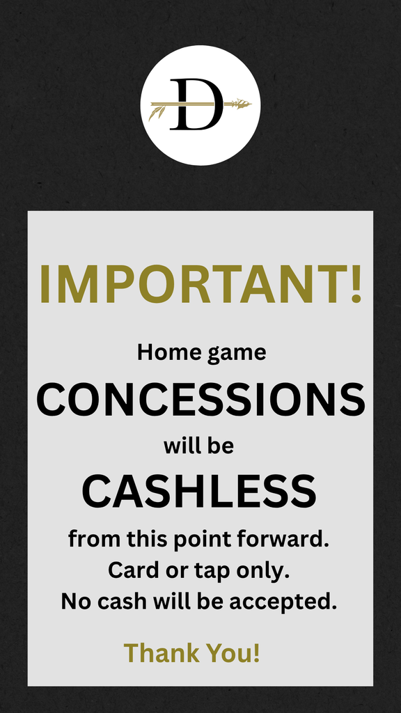 Black background with Davidson logo in top middle. Below, white text reads "IMPORTANT! Home game CONCESSIONS will be CASHLESS". Below that, white text reads "Card or tap only. No cash will be accepted."
