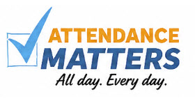 Logo with a blue checkmark and text "ATTENDANCE MATTERS. All day. Every day." on a white background.