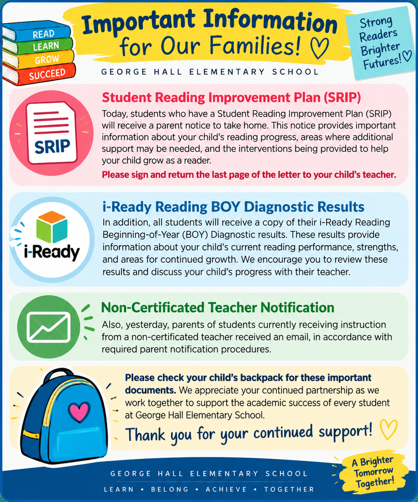 Educational notice with headings "Important Information for Our Families!", "SRIP", "i-Ready", and "Non-Certified Teacher Notification".