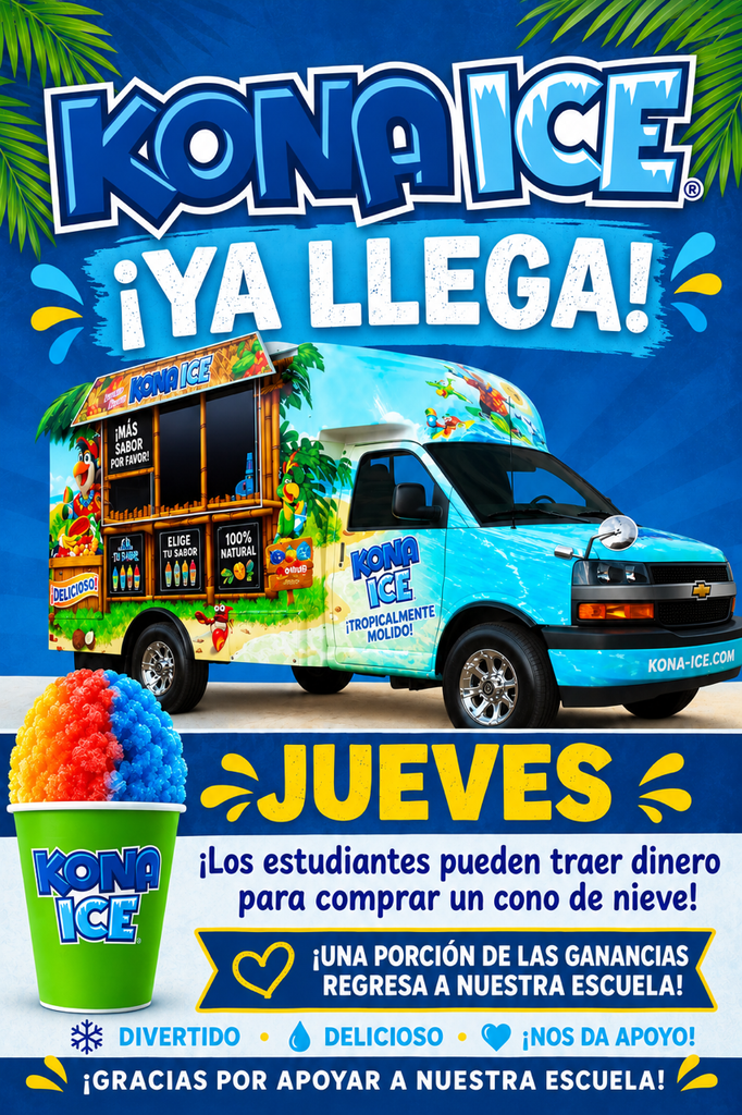Advertisement shows a blue ice cream truck with a colorful design, a scoop of ice cream in a cup, and text in Spanish.