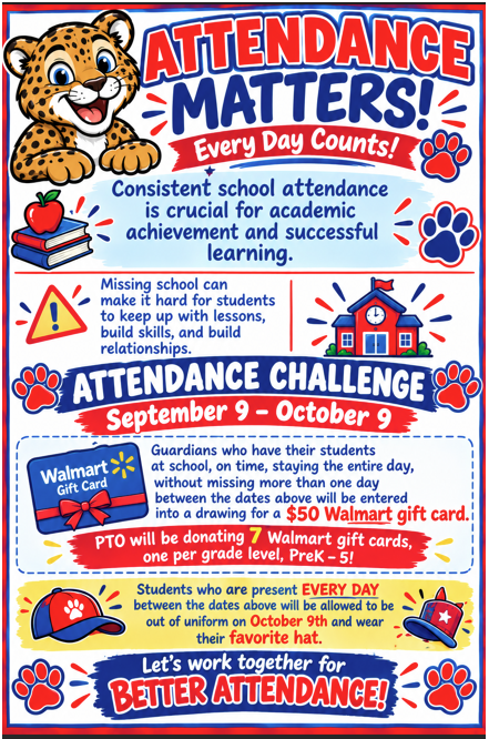 Poster highlights an attendance challenge, encouraging students to attend school from September 9 to October 9. Features a cheetah, apple, books, and a schoolhouse. Text reads "Attendance Matters!" and mentions a drawing for a $50 Walmart gift card.