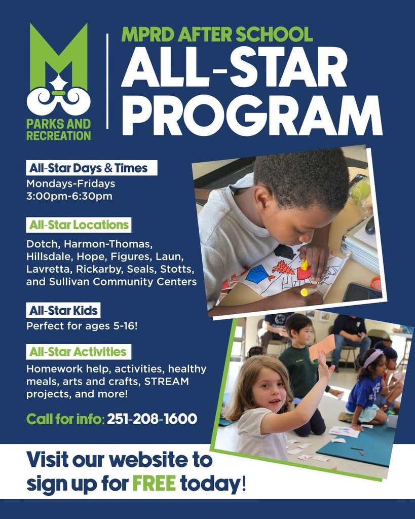 A poster advertises an after-school program with two images. One shows a child doing an art activity, and another shows a group of children.