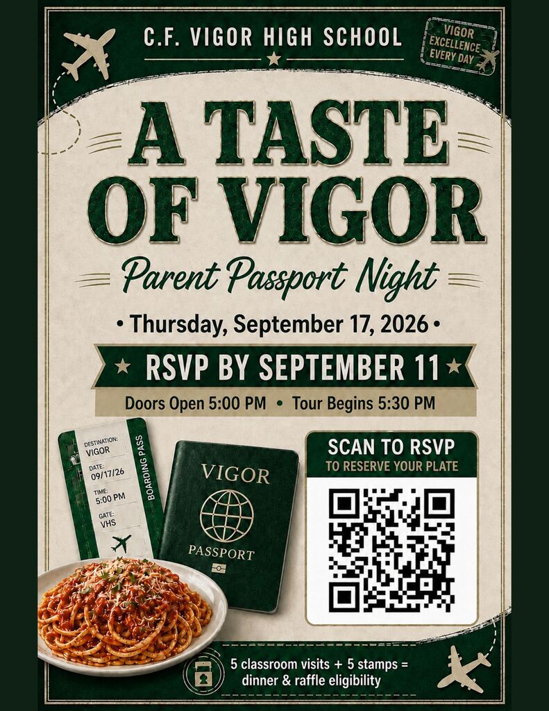 An event poster for Parent Passport Night. It features a plate of spaghetti, a passport, a QR code, and details about the event.