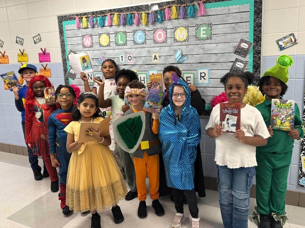 Elementary students dressed as book characters