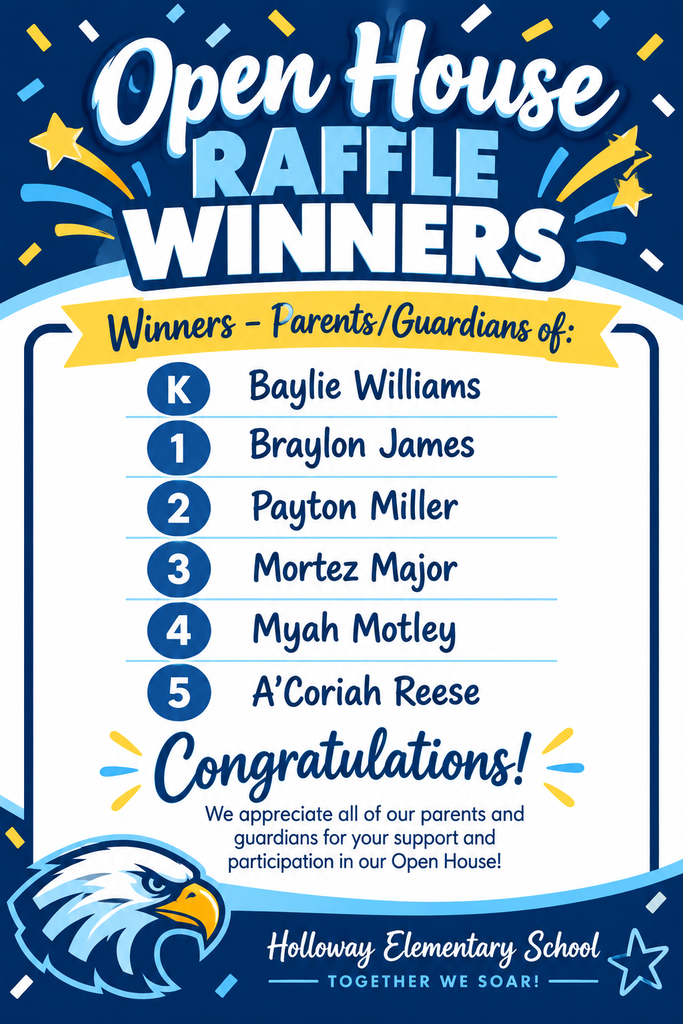 Winners of the Holloway Elementary School Open House Raffle. Names include Baylie Williams, Braylon James, Payton Miller, Mortez Major, and Myah Motley.