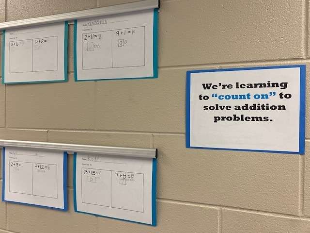 Classroom wall with beige background, white papers with blue borders, and a blue sign that says "We're learning to 'count on' to solve addition problems."