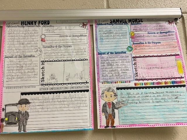 Two posters on a wall. One poster features Henry Ford, a man in a hat and suit. The other poster features Samuel Morse, a man in a suit holding a scroll.