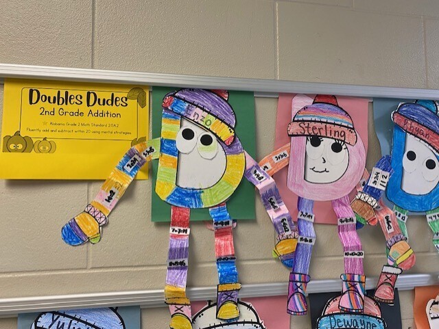 Three colorful paper cutouts of cartoon characters wearing hats and scarves hang on a classroom wall.