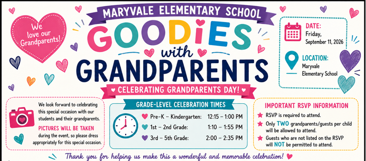 Poster with colorful designs including hearts and text "Goodies with Grandparents" on white background. The poster lists event details.