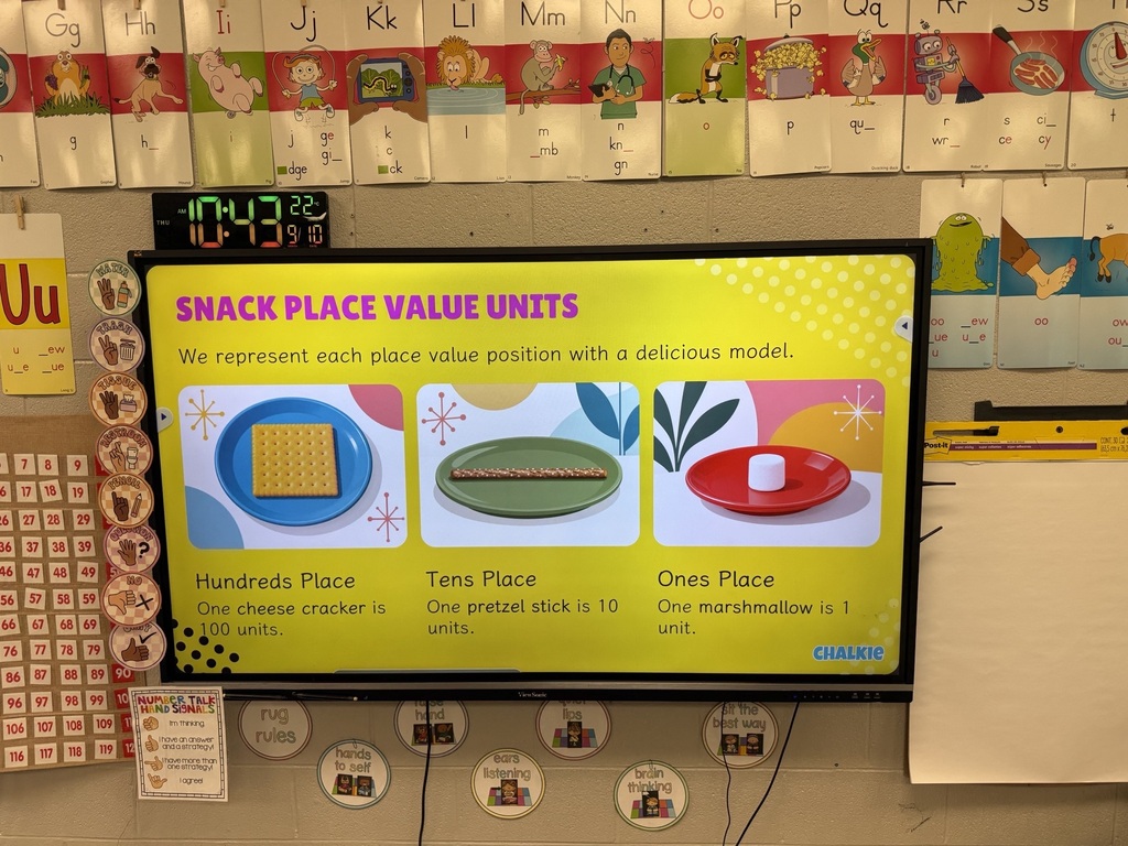 Today we made learning three-digit numbers extra fun! 🔢✨ Ms. Weaver's second graders rolled dice to build a number for each place value on their HTO (Hundreds-Tens-Ones) chart. Then we used Cheez-Its for hundreds, pretzel rods for tens, and marshmallows for ones to build/represent our numbers! 🧀🥨☁️