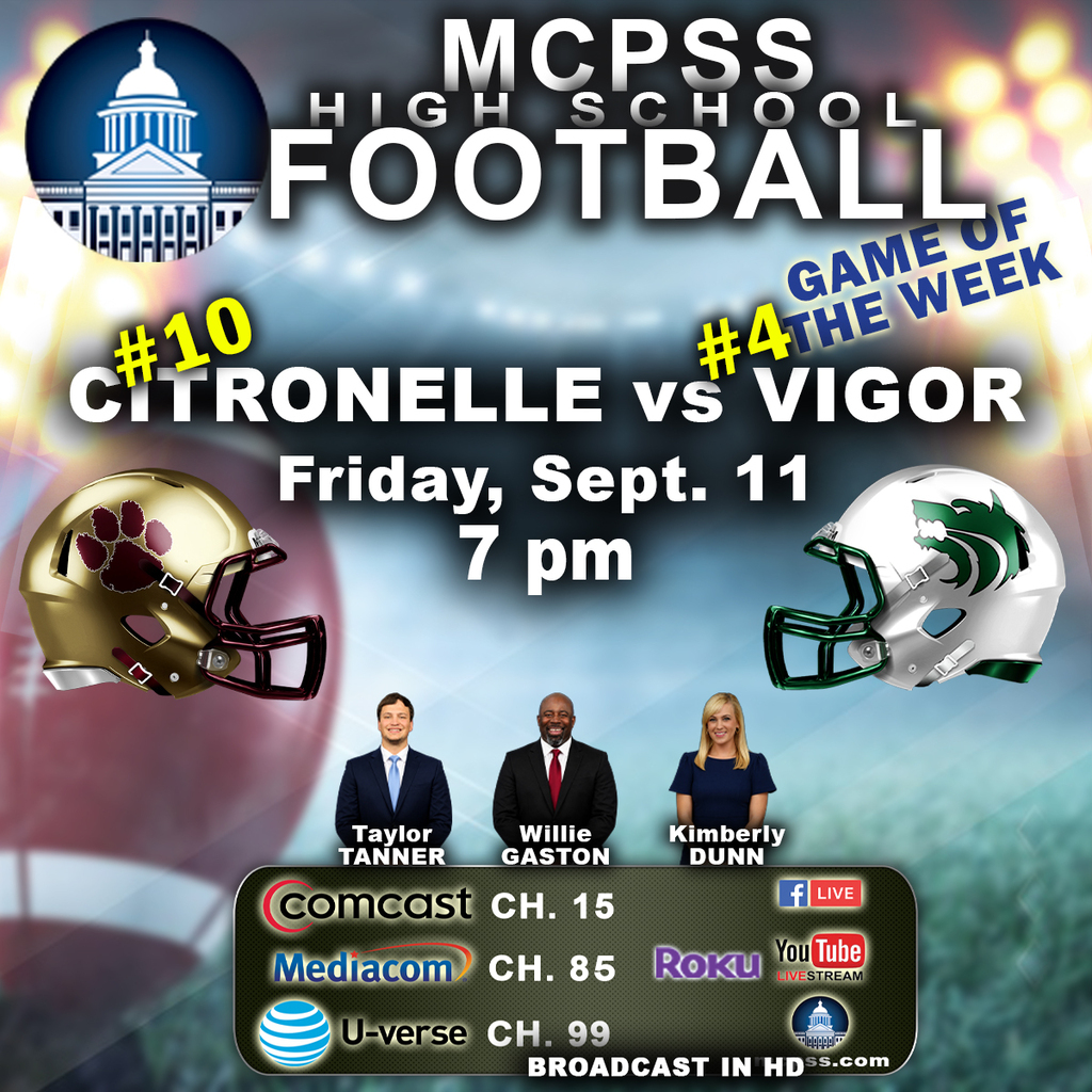 Graphic promoting the mcpssTV High School Football Game of the Week between Citronelle and Vigor on September 11 at 7 p.m.