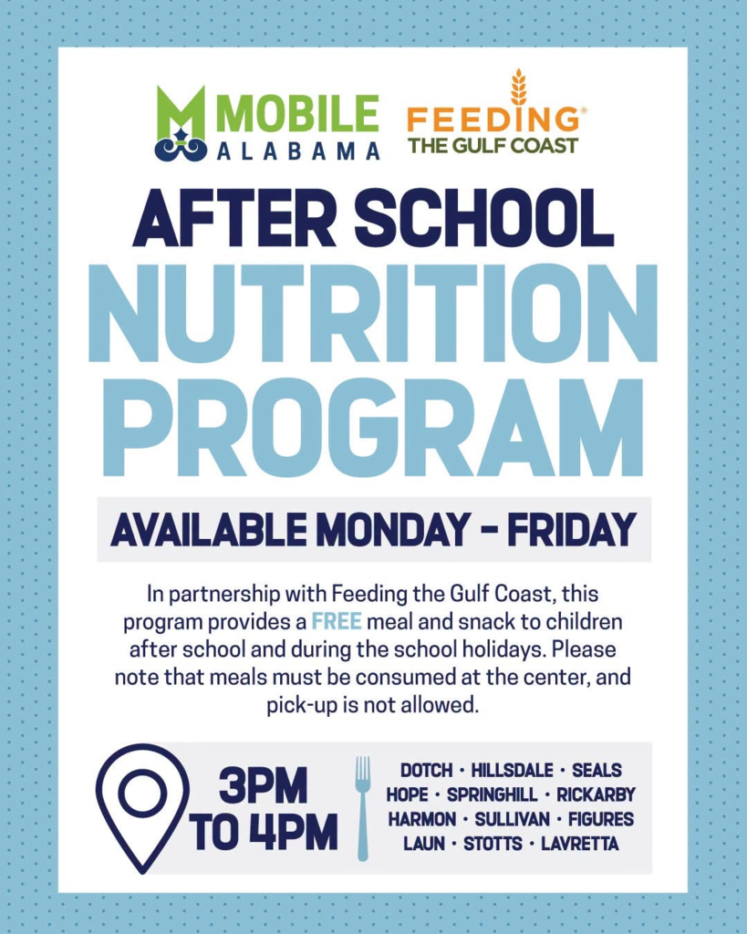 Flyer for Mobile Alabama's After School Nutrition Program. Available Monday to Friday, 3 PM to 4 PM.