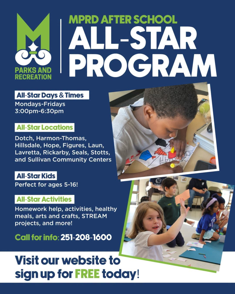 Blue background displays the MPRD After School All-Star Program flyer. Images show children engaged in activities. Text provides details.