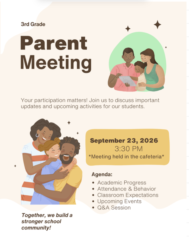 A flyer for a parent meeting on September 23, 2026, at 3:30 PM. It includes a family illustration, a date, and an agenda for the meeting.