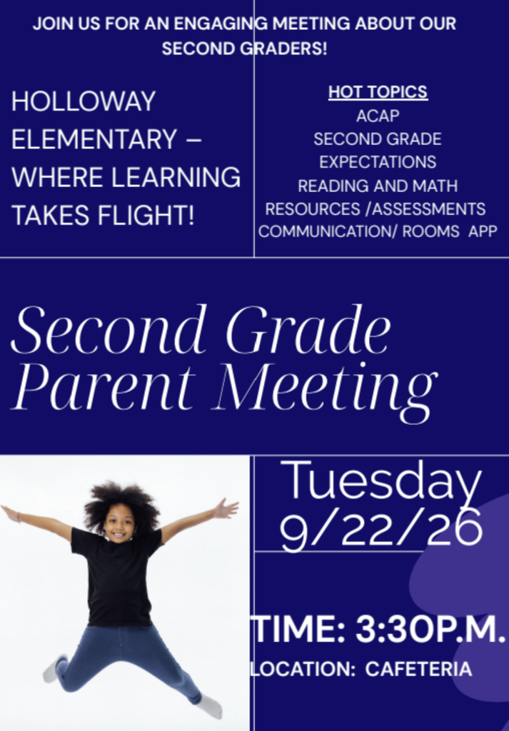 Poster with a child jumping, text "Second Grade Parent Meeting" and "Tuesday 9/22/26", time "3:30 P.M." and location "Cafeteria".