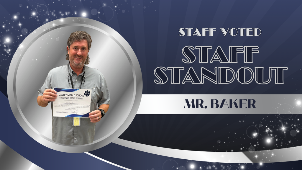 A man holds a certificate with "Staff Standout" text above. His name, Mr. Baker, is below.