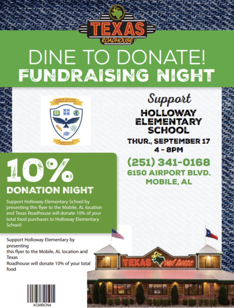 A flyer promoting a Dine to Donate Fundraising Night for Holloway Elementary School, with an image of a Texas Roadhouse.