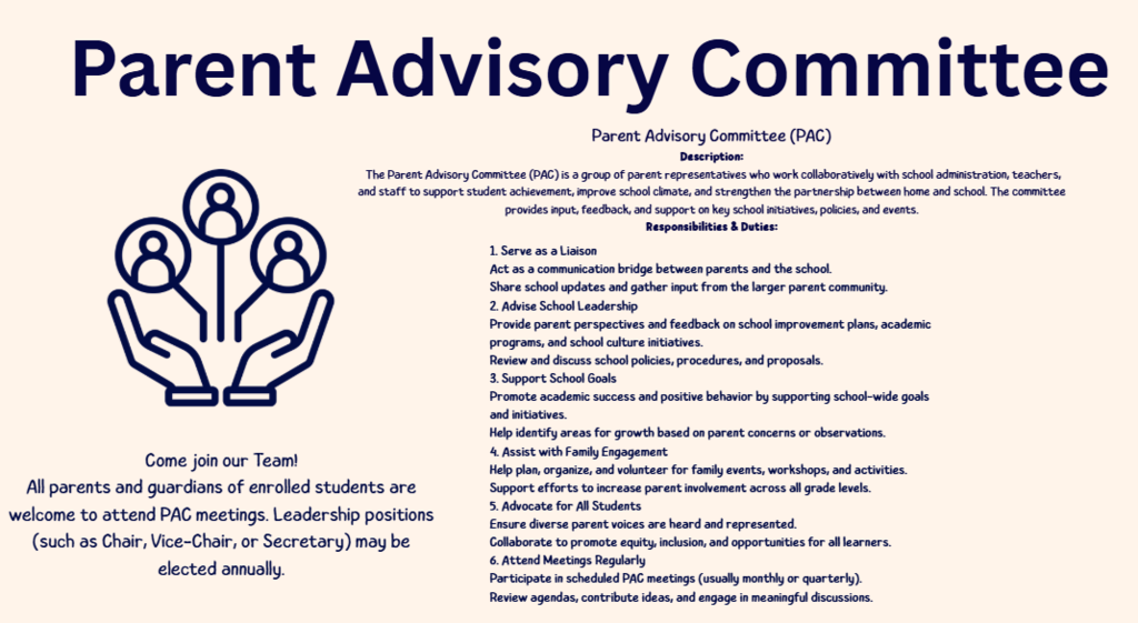 A white page with "Parent Advisory Committee" in blue text. Below, a graphic of two hands holding people- List the responsibilities and duties of the PAC