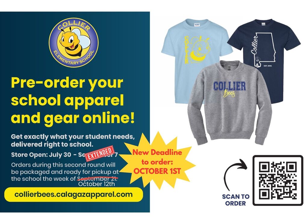 A poster shows three shirts: light blue, gray, and navy. Text invites you to pre-order school apparel with a deadline of October 1st.
