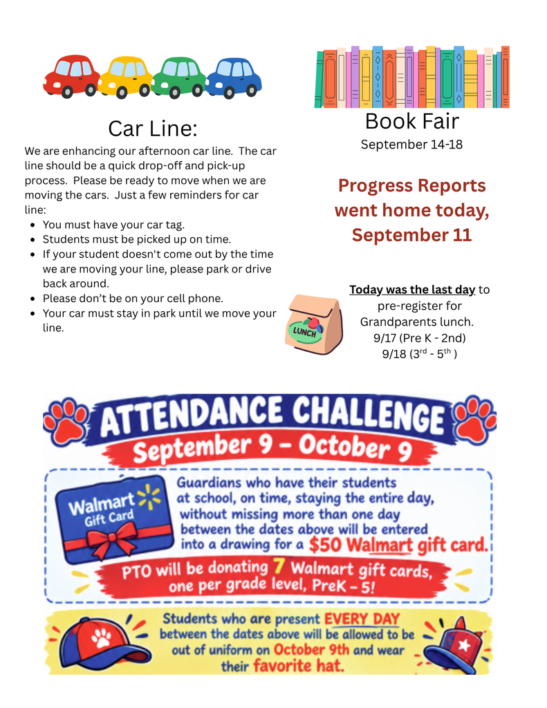 Event flyer with three sections: Car Line, Book Fair, and Attendance Challenge. Car Line details moving cars. Book Fair scheduled for September 14-18. Challenge for students to be present every day.