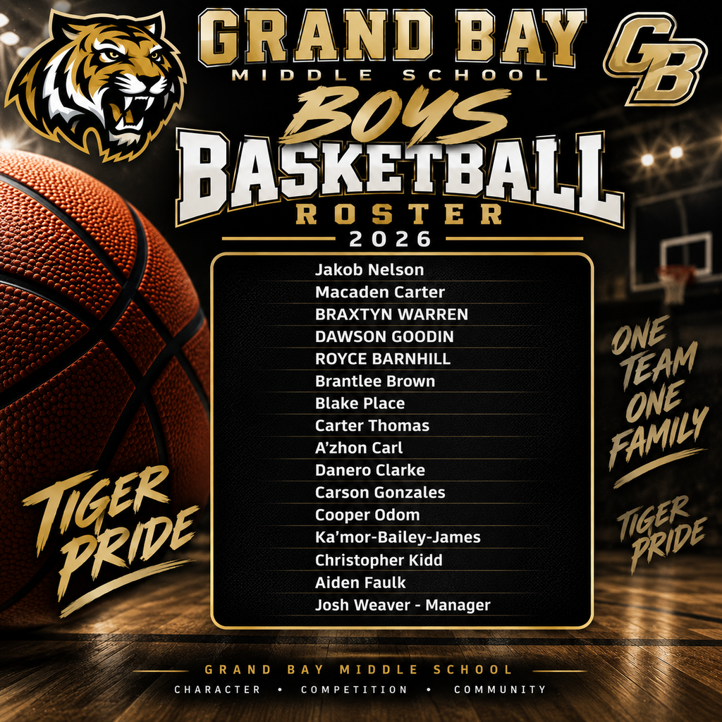 Congratulations to our 2026 Grand Bay Middle School Boys Basketball Team! 🏀  We are proud of these young men for their hard work, dedication, and commitment to the team. We look forward to a great season of growth, competition, and Tiger Pride!  Welcome to the team, Tigers! 🖤💛