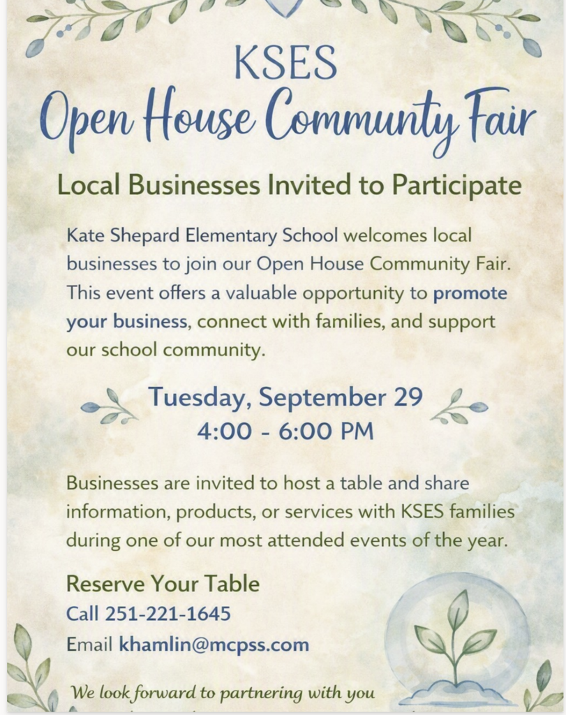 A flyer for the Kate Shepard Elementary School Open House Community Fair, inviting local businesses to participate and promote their services.