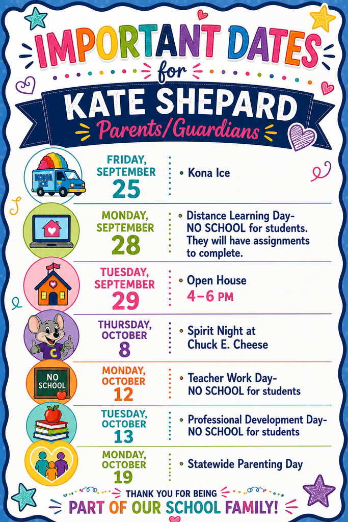 A colorful banner with blue and white design, listing important dates for parents/guardians, including school closures and events.
