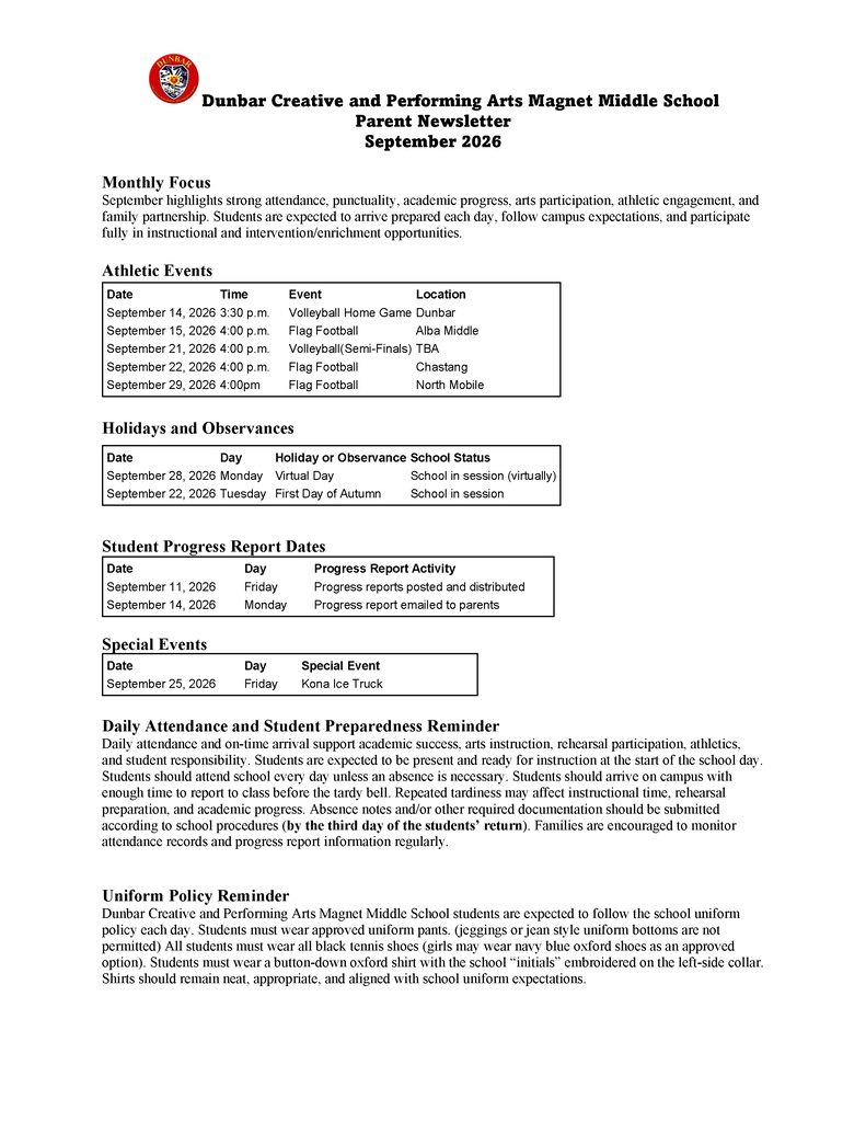 September Parent/Guardian Newsletter part 1
