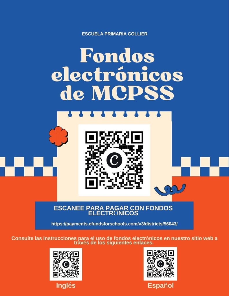 A flyer for Escola Primaria Coller shows two QR codes and text in Spanish and English, with a blue and orange background.